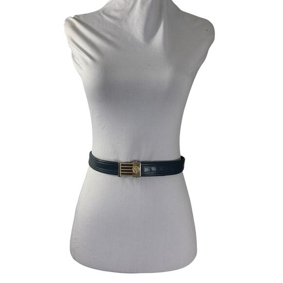 Vintage 1980s Anne Klein NAvy Blue Leather Belt with Lion Buckle S/M - Picture 3 of 7